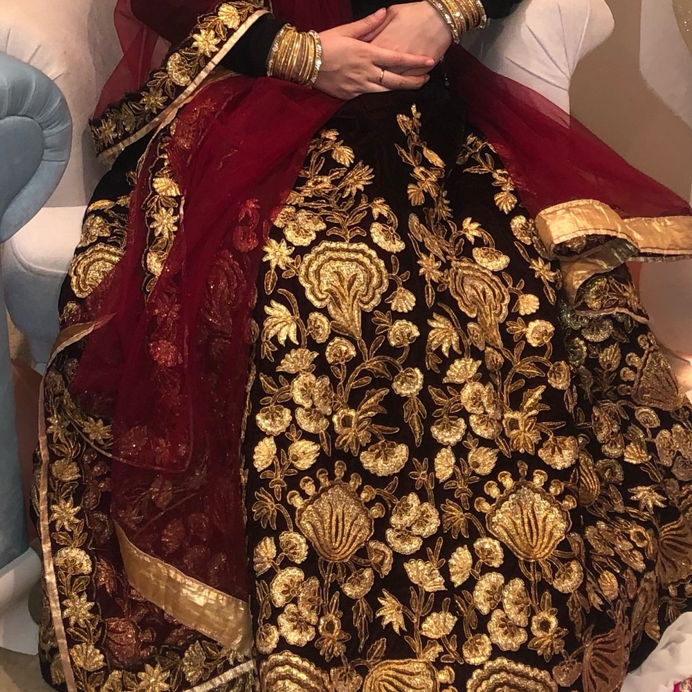 Burgundy Gold Indian Pakistani Velvet Lengha Choli Embroidered Medium Large Smal
